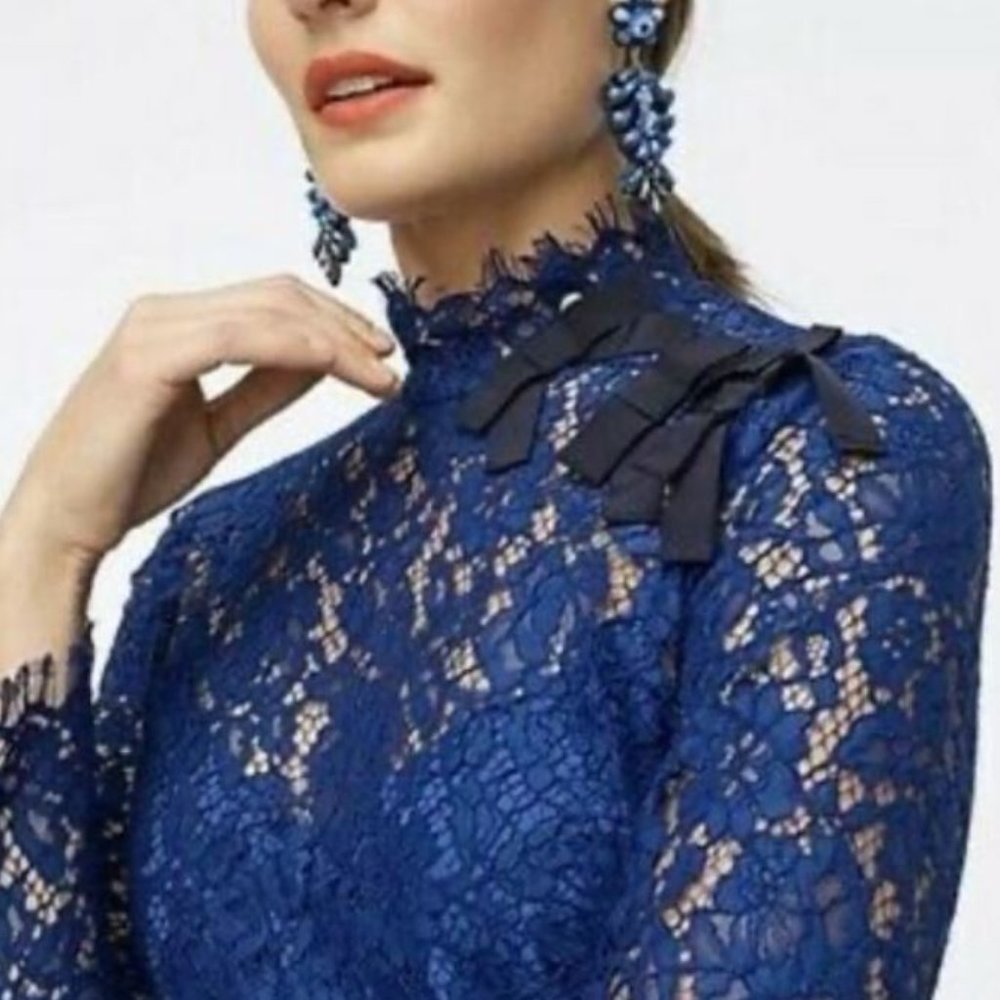 J.Crew Mockneck Lace Bow Top in Bright Blue Sz 2